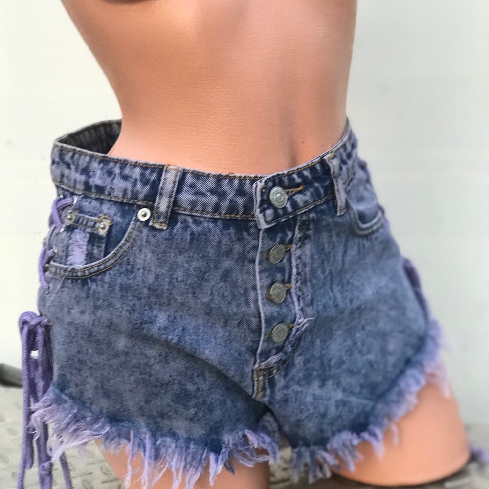 Purple tie corset side cut off jean shorts rave boho festival bow beach river